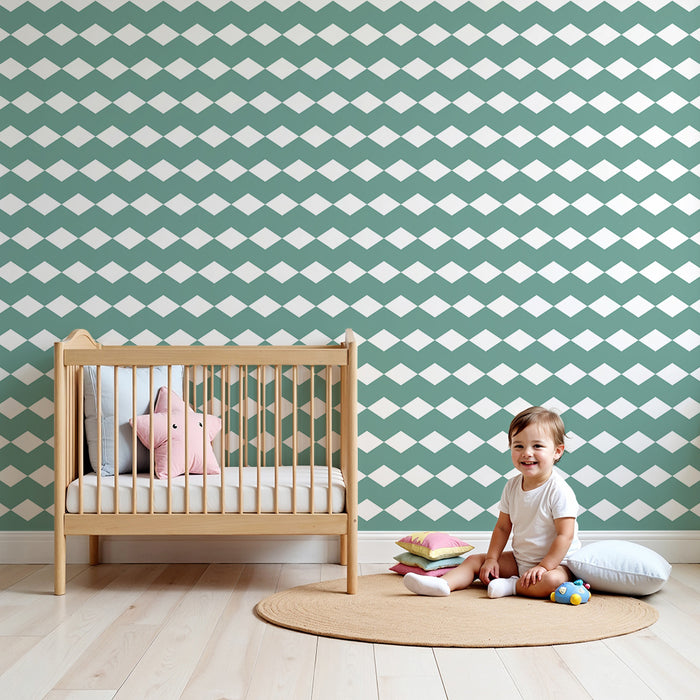 Papel de parede para quarto de bebé | Padrão de losangos em verde e branco