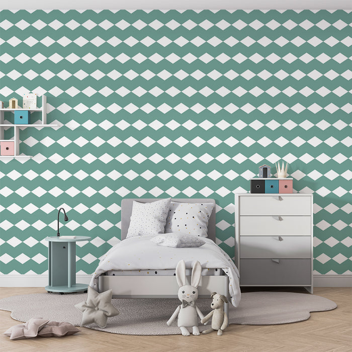 Papel de parede para quarto de bebé | Padrão de losangos em verde e branco