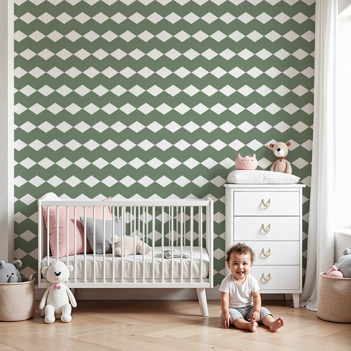 Papel de parede para quarto de bebé | Losangos verdes e brancos para um ambiente suave