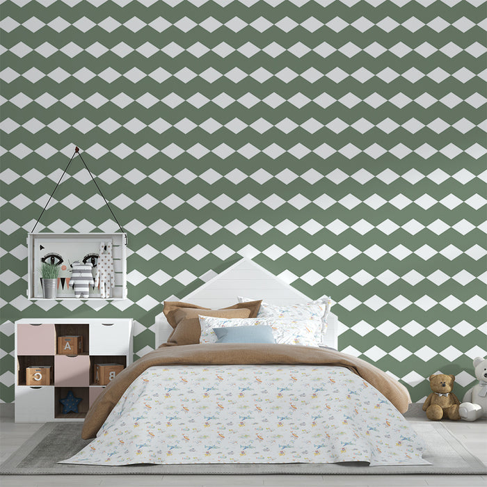 Papel de parede para quarto de bebé | Losangos verdes e brancos para um ambiente suave