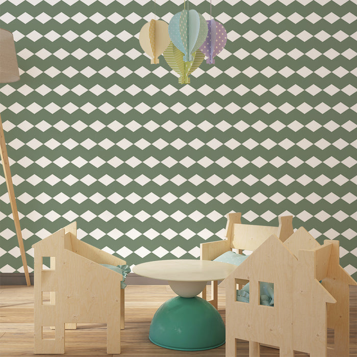 Papel de parede para quarto de bebé | Losangos verdes e brancos para um ambiente suave