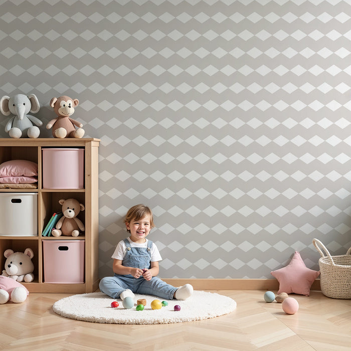 Papel de parede para quarto de bebé | Padrão geométrico de losangos em bege e branco