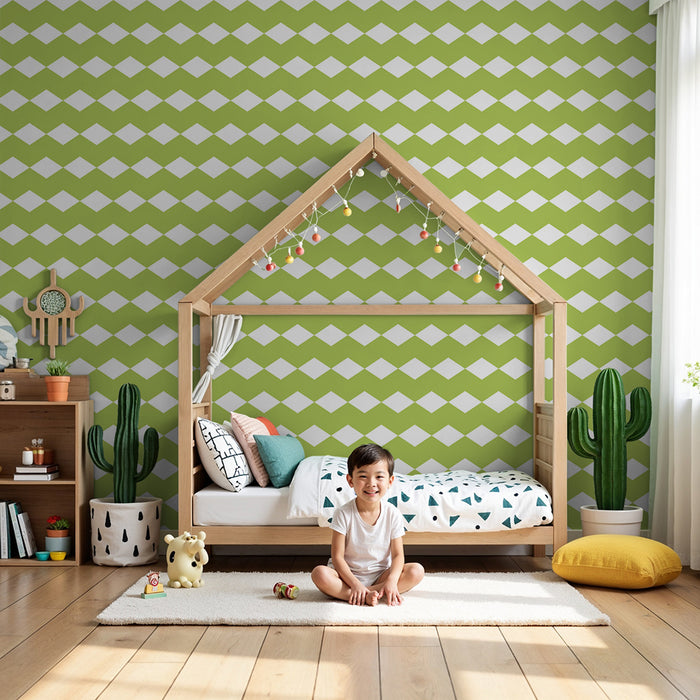 Papel de parede para quarto de bebé | Padrão geométrico de losangos verdes e brancos