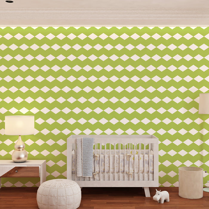Papel de parede para quarto de bebé | Padrão geométrico de losangos verdes e brancos