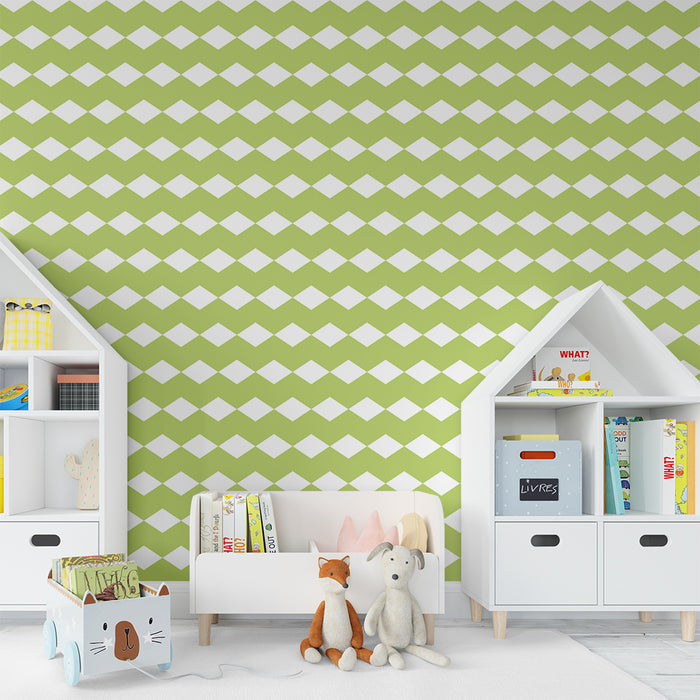 Papel de parede para quarto de bebé | Padrão geométrico de losangos verdes e brancos