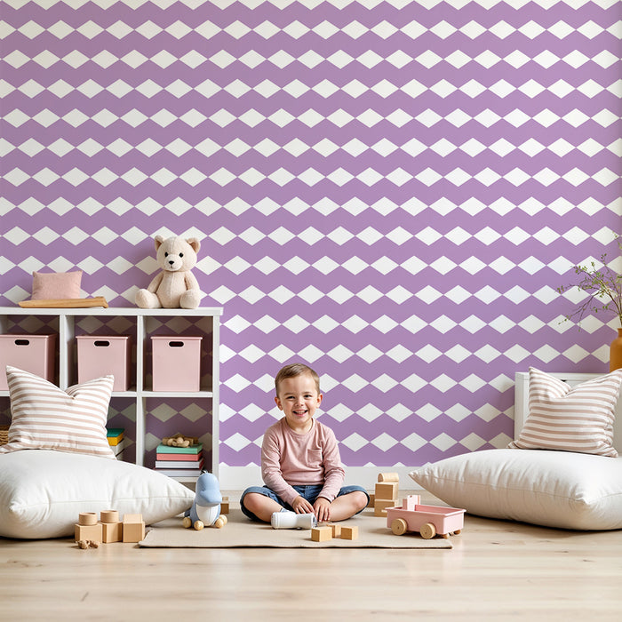 Papel de parede para quarto de bebé | Padrão geométrico de losangos em roxo e branco