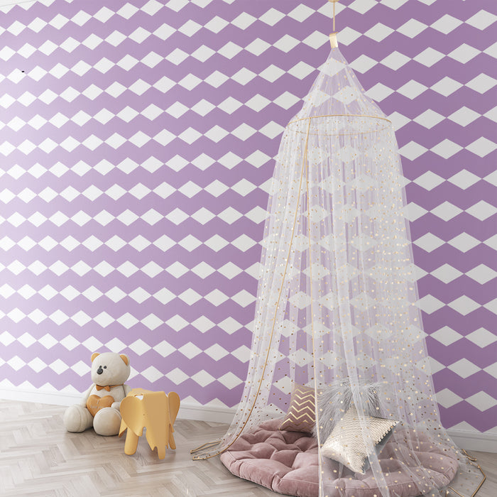 Papel de parede para quarto de bebé | Padrão geométrico de losangos em roxo e branco