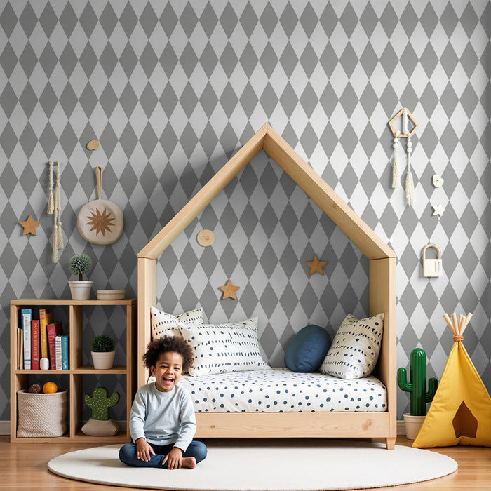 Papel de parede para quarto de bebé | Losangos cinza e branco para um ambiente suave