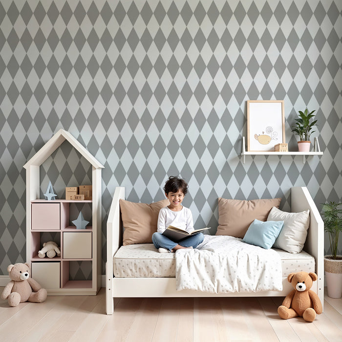 Nursery room wallpaper | Gray and white diamond pattern for a soft atmosphere