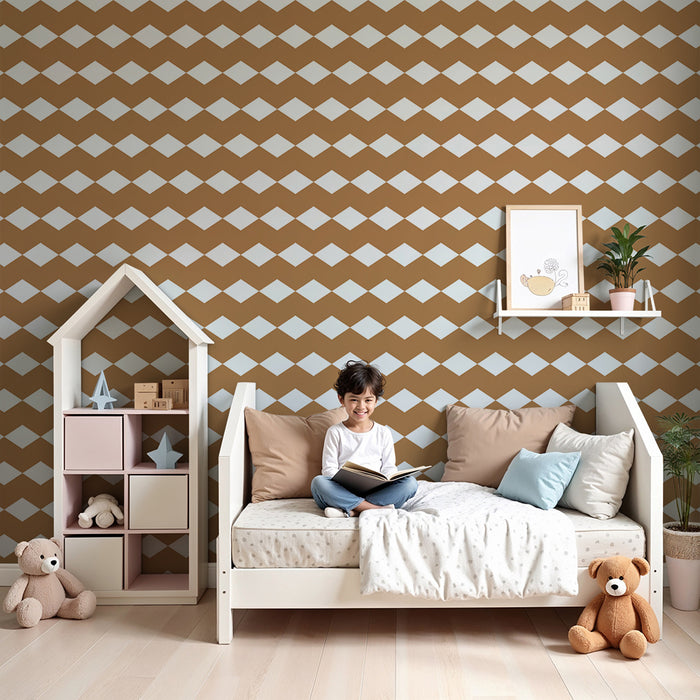 Papel de parede para quarto de bebé | Losangos elegantes em castanho e branco