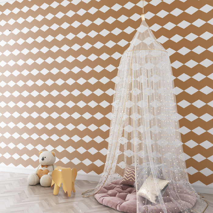 Papel de parede para quarto de bebé | Losangos elegantes em castanho e branco