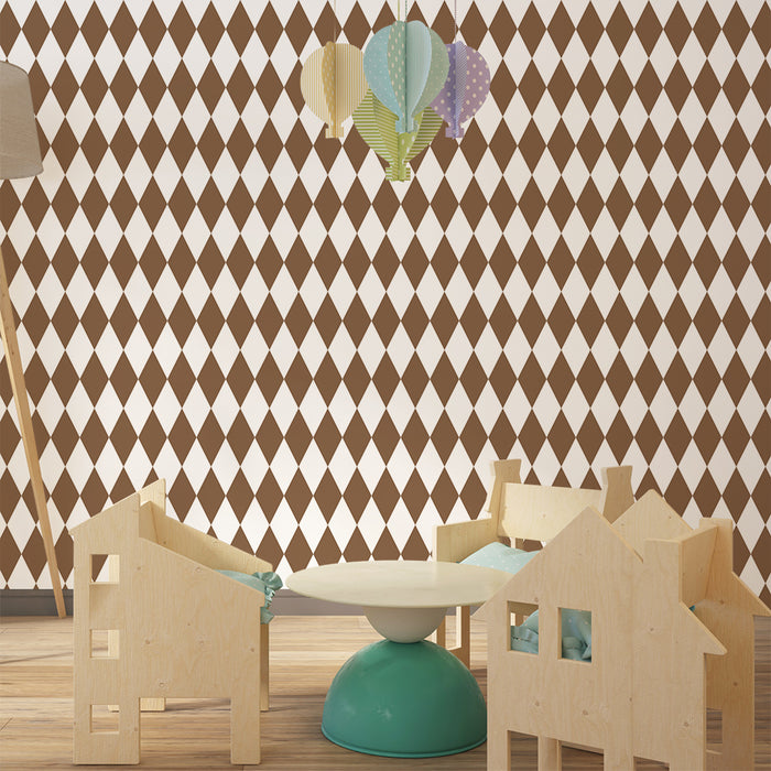 Babykamer behang | Bruine ruitjes op een witte achtergrond