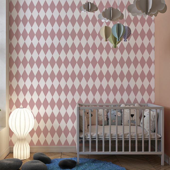 Baby room wallpaper | Soft pink diamond pattern on white background