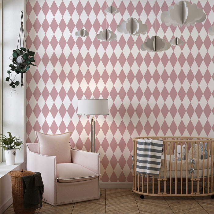 Baby room wallpaper | Soft pink diamond pattern on white background