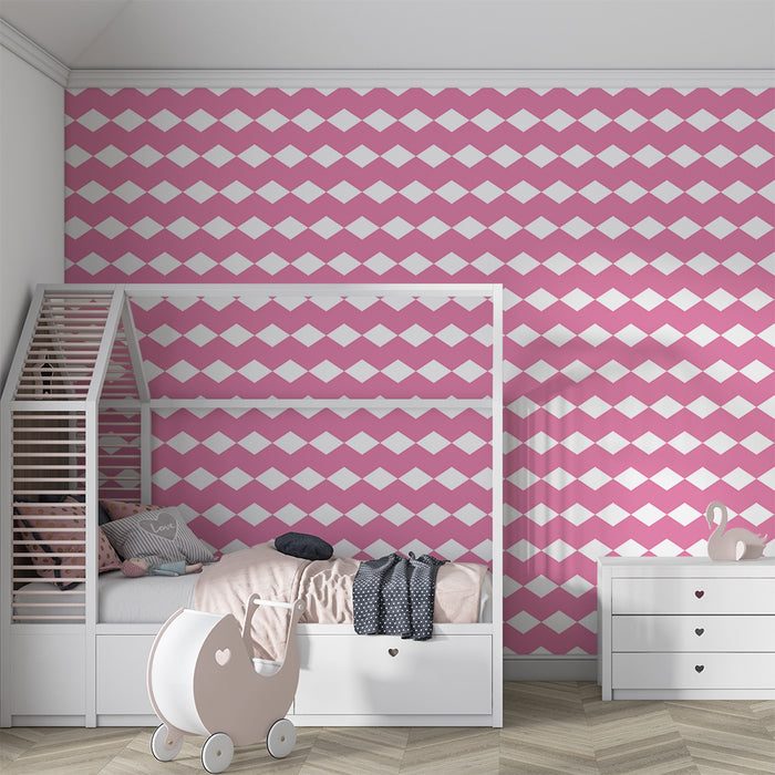 Papel de parede para quarto de bebé | Losangos cor-de-rosa e brancos para um ambiente suave
