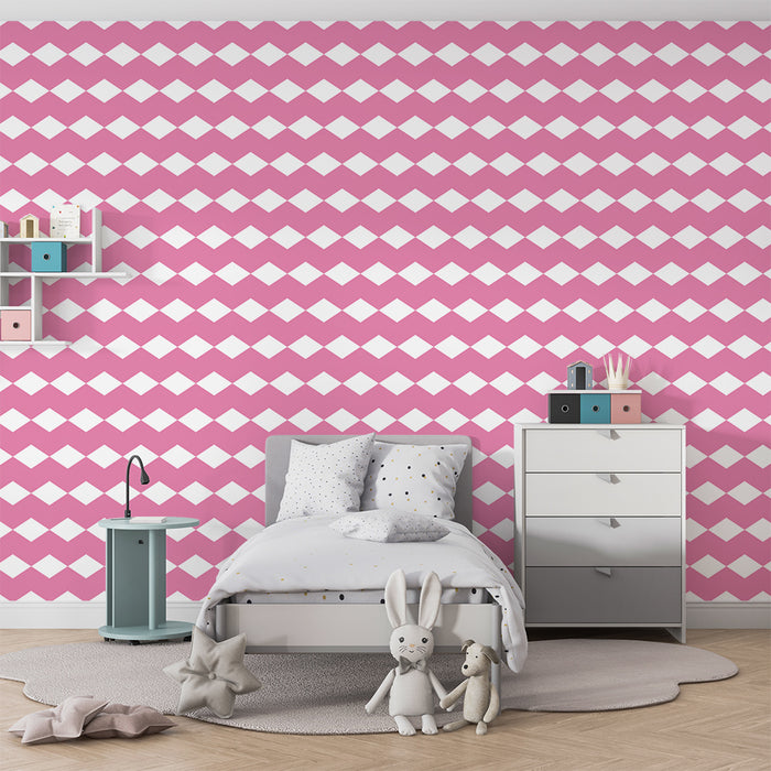 Papel de parede para quarto de bebé | Losangos cor-de-rosa e brancos para um ambiente suave