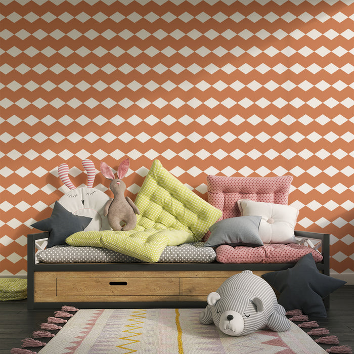 Papel de parede para quarto de bebé | Padrão losangos em terracota e branco para um ambiente suave