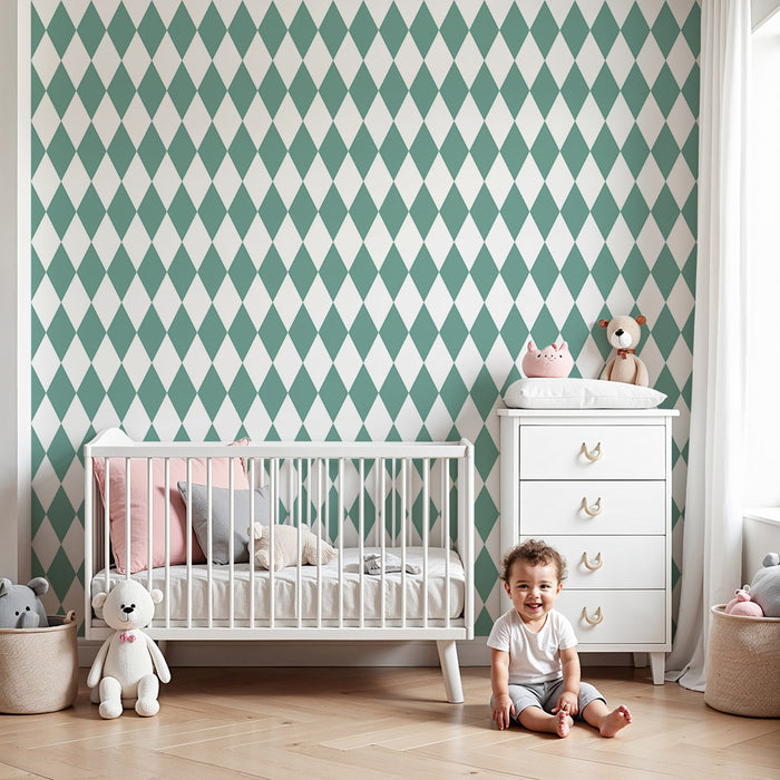 Baby room wallpaper | Aqua diamond pattern on white background