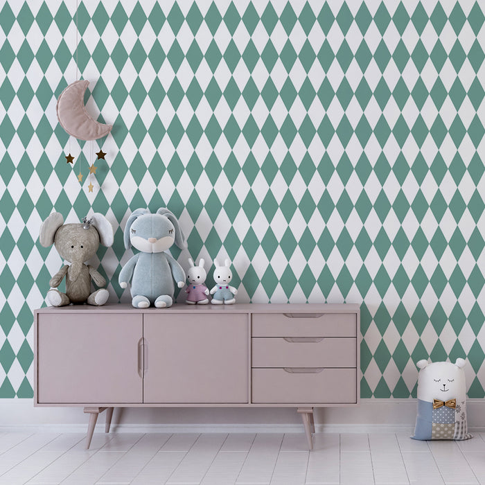 Baby room wallpaper | Aqua diamond pattern on white background