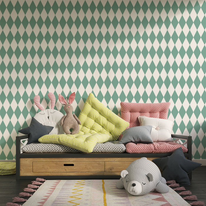 Baby room wallpaper | Aqua diamond pattern on white background
