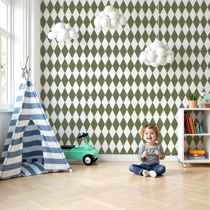 Papel de parede para quarto de bebé | Losangos verdes e brancos para um ambiente suave