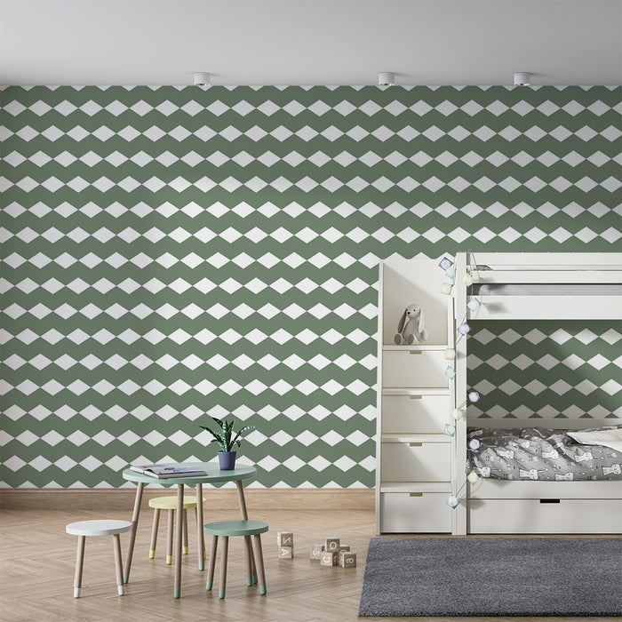 Nursery room wallpaper | Dark green and white diamond pattern