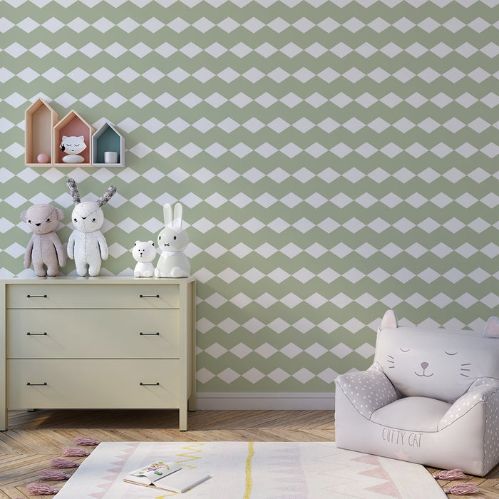 Χαρτί τοίχου για το δωμάτιο του μωρού | Πράσινα σαλέ και λευκά ρόμβοι μοτίβο