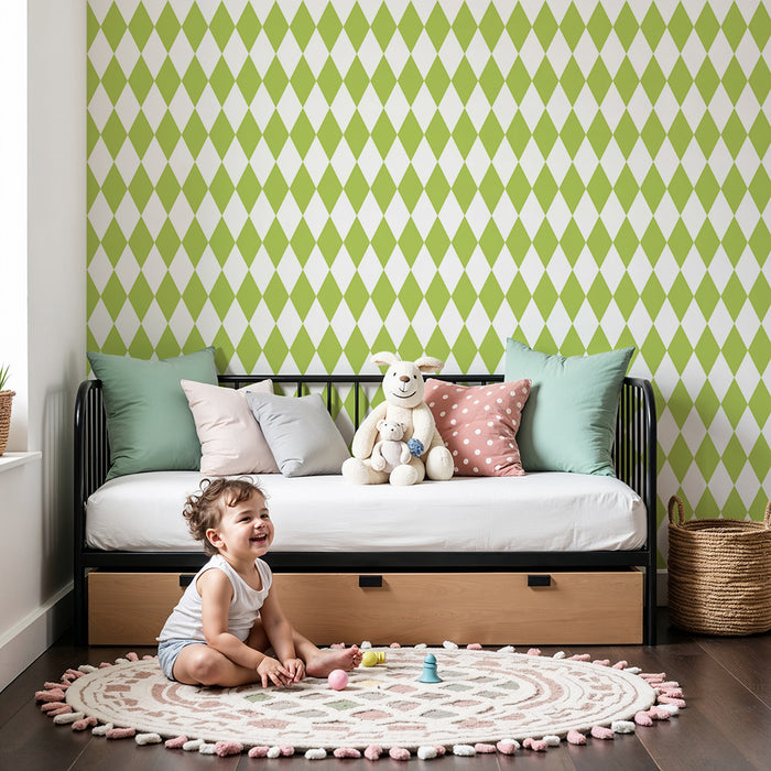 Papel de parede para quarto de bebé | Losangos verdes sobre fundo branco
