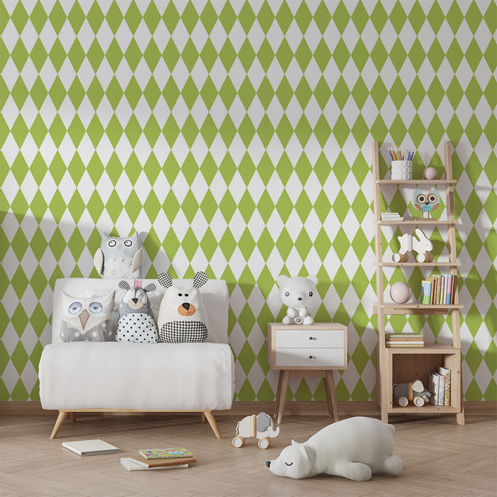 Papel de parede para quarto de bebé | Losangos verdes sobre fundo branco