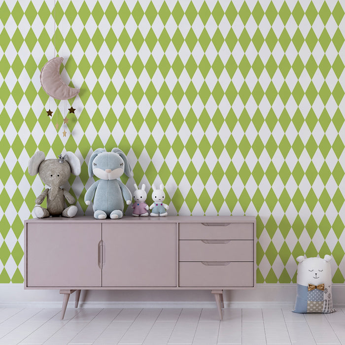 Papel de parede para quarto de bebé | Losangos verdes sobre fundo branco