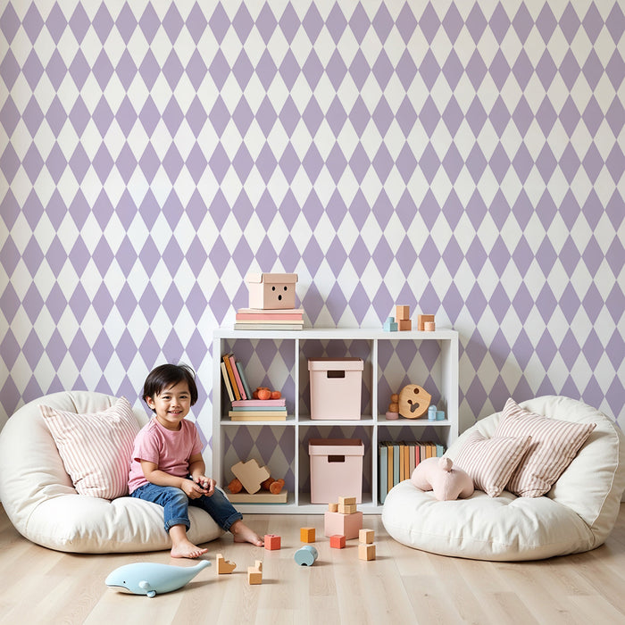 Papel de parede para quarto de bebé | Padrão de losangos violeta sobre fundo branco