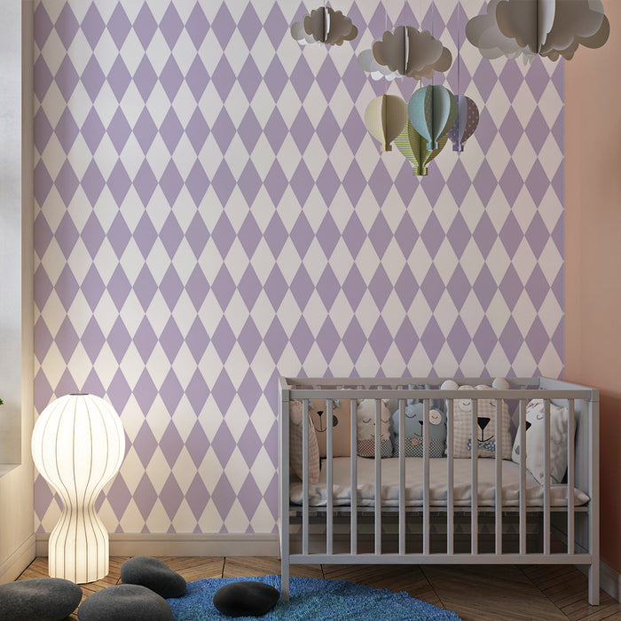 Papel de parede para quarto de bebé | Padrão de losangos violeta sobre fundo branco