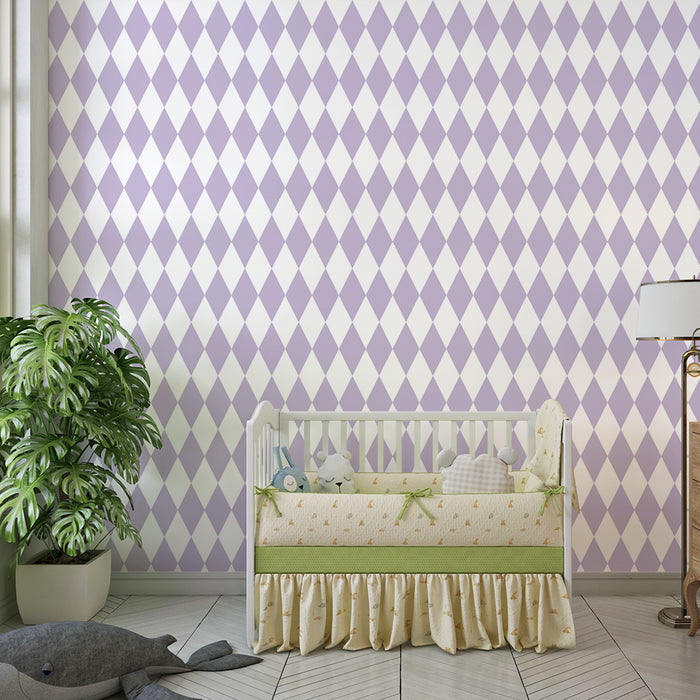 Papel de parede para quarto de bebé | Padrão de losangos violeta sobre fundo branco