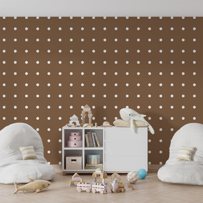 Babykamer behang | Witte stippen op een bruine achtergrond