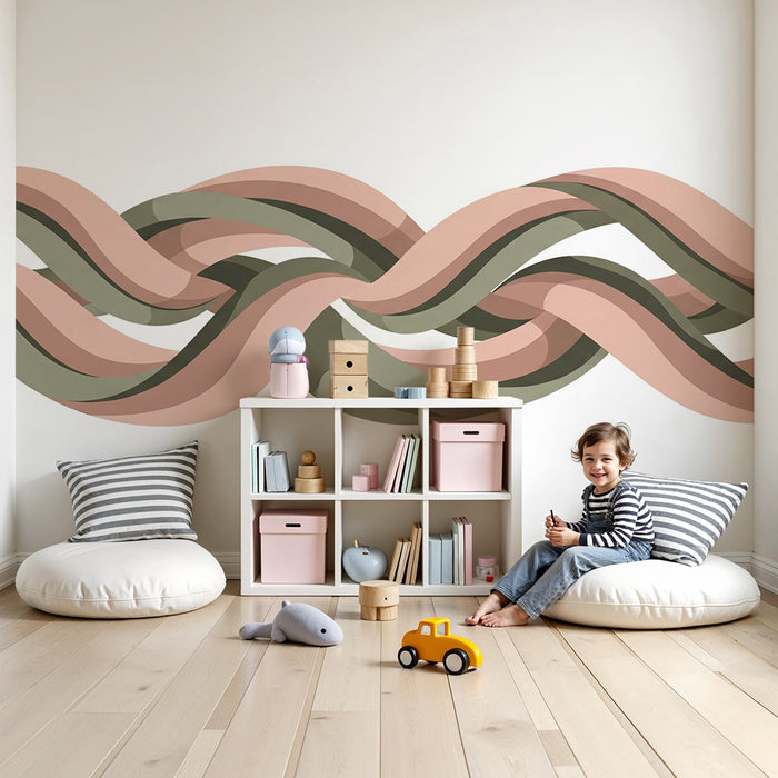 Baby room wallpaper | Soft woven pattern in pink and green