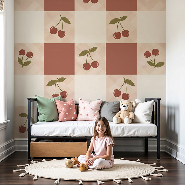 Papel pintado para habitación de bebé | Estampado vichy con cerezas rojas sobre fondo suave
