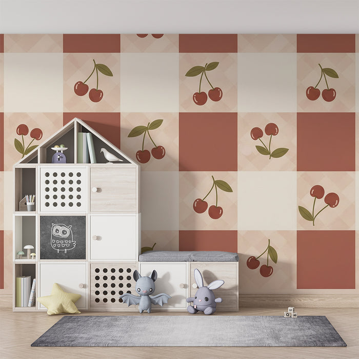 Papel pintado para habitación de bebé | Estampado vichy con cerezas rojas sobre fondo suave