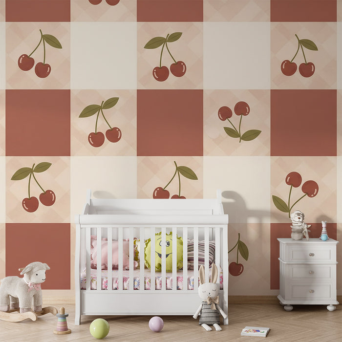 Papel pintado para habitación de bebé | Estampado vichy con cerezas rojas sobre fondo suave