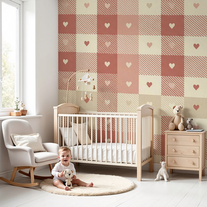 Papier peint chambre bébé | Motif vichy avec cœurs doux en rose et beige