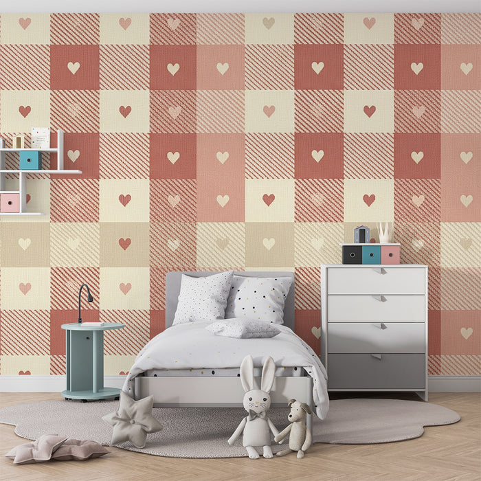 Papier peint chambre bébé | Motif vichy avec cœurs doux en rose et beige
