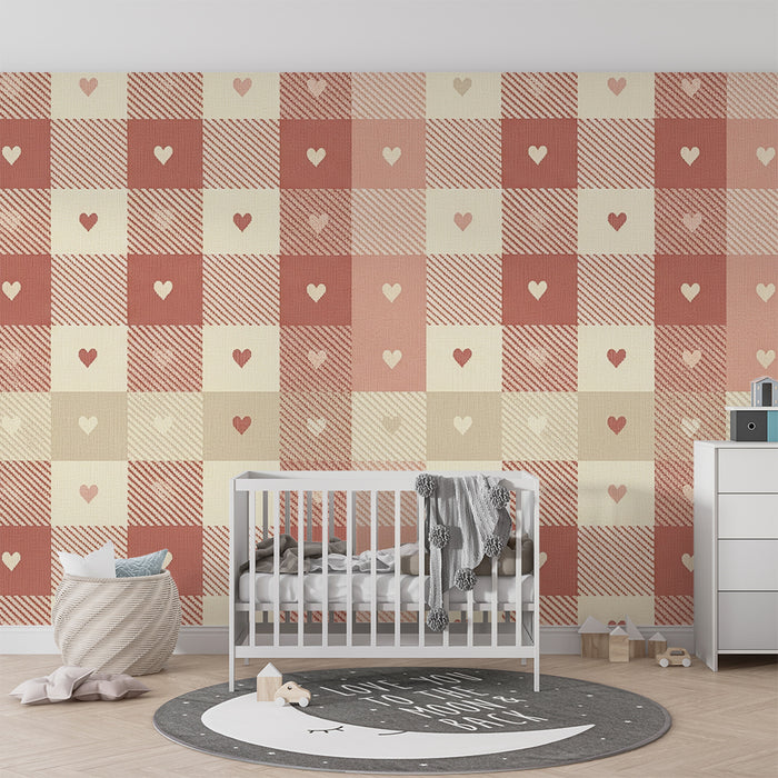 Papier peint chambre bébé | Motif vichy avec cœurs doux en rose et beige