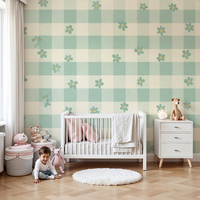 Papel pintado para habitación de bebé | Estampado vichy suave con delicadas flores pastel
