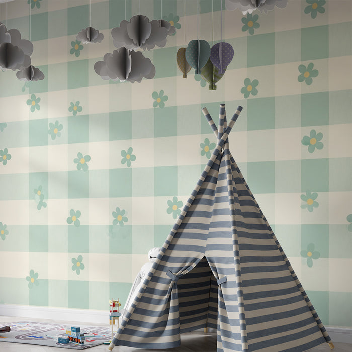 Papel pintado para habitación de bebé | Estampado vichy suave con delicadas flores pastel