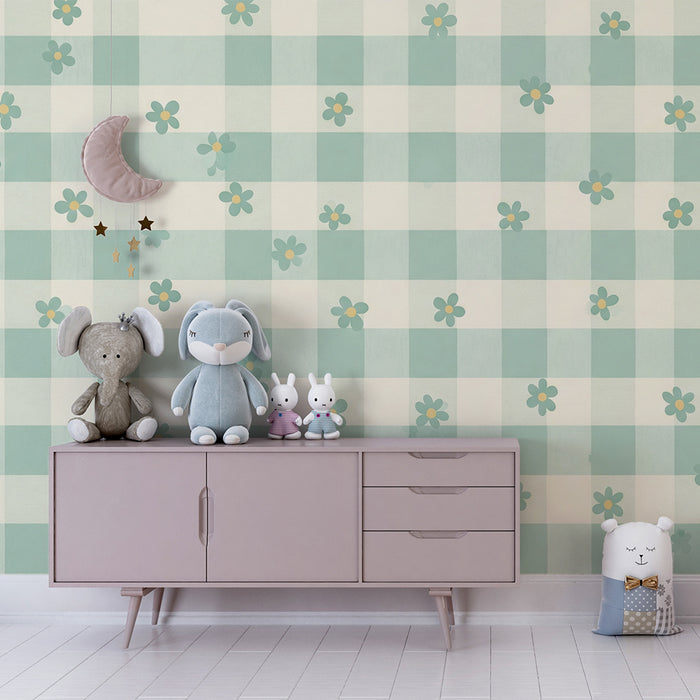 Papel pintado para habitación de bebé | Estampado vichy suave con delicadas flores pastel