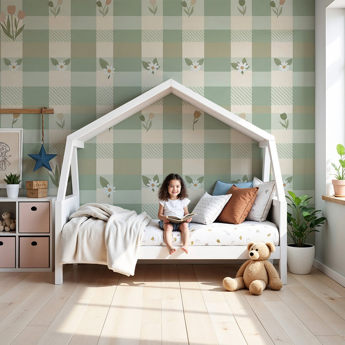 Papel tapiz habitación bebé | Estampado vichy suave con flores pastel