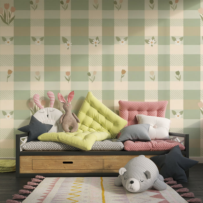Papel tapiz habitación bebé | Estampado vichy suave con flores pastel