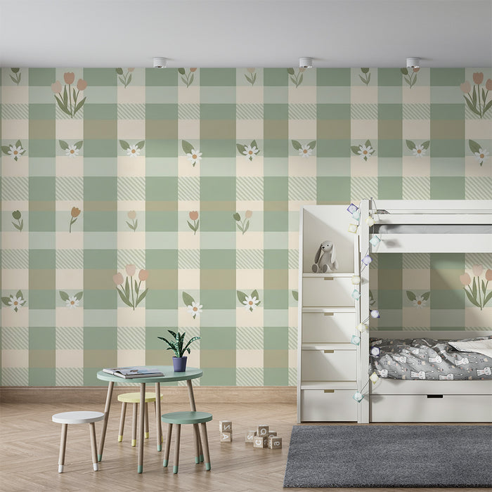 Papel tapiz habitación bebé | Estampado vichy suave con flores pastel