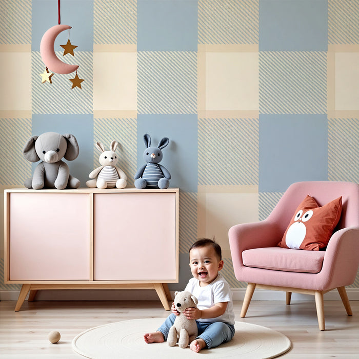 Papel pintado para habitación de bebé | Estampado vichy suave en azul y crema