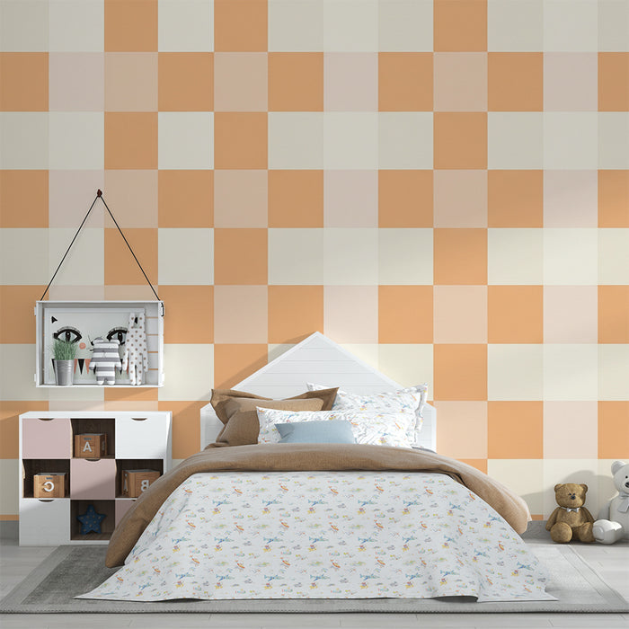 Papel pintado para habitación de bebé | Estampado vichy suave en naranja y crema