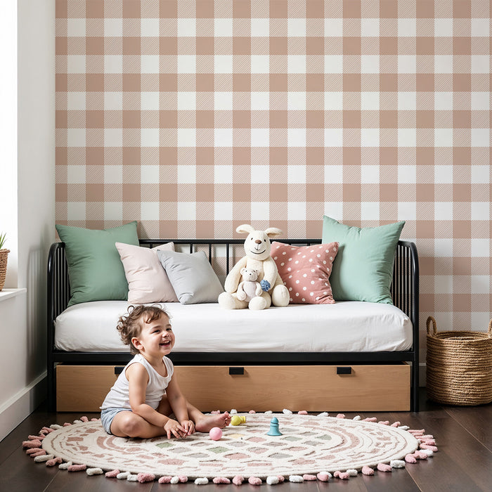 Babykamer behang | Zachte vichy-motief in roze en wit